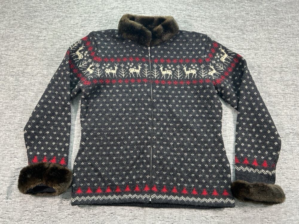 Lauren Ralph Lauren Womens Large Fair Isle Christmas Reindeer Wool Faux Fur